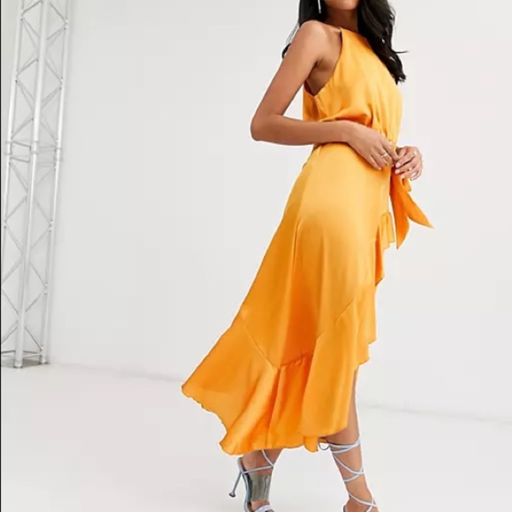 asos hi low ruffle satin orange dress halter
